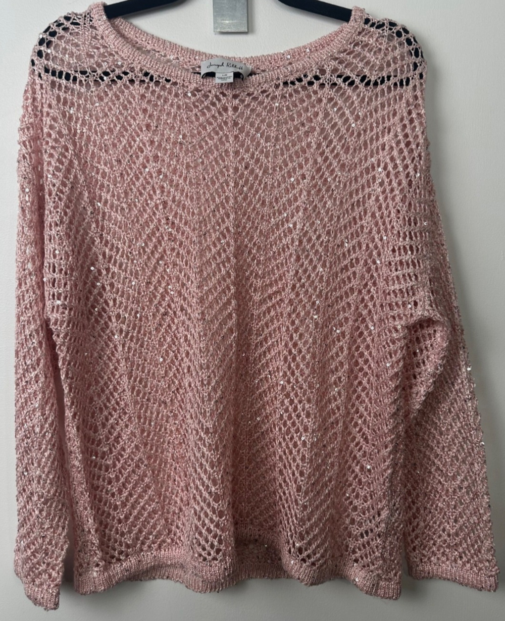 Joseph Ribkoff Sequined Open Knit Sweater Top Size L Pink DesignerCrew Neck A10